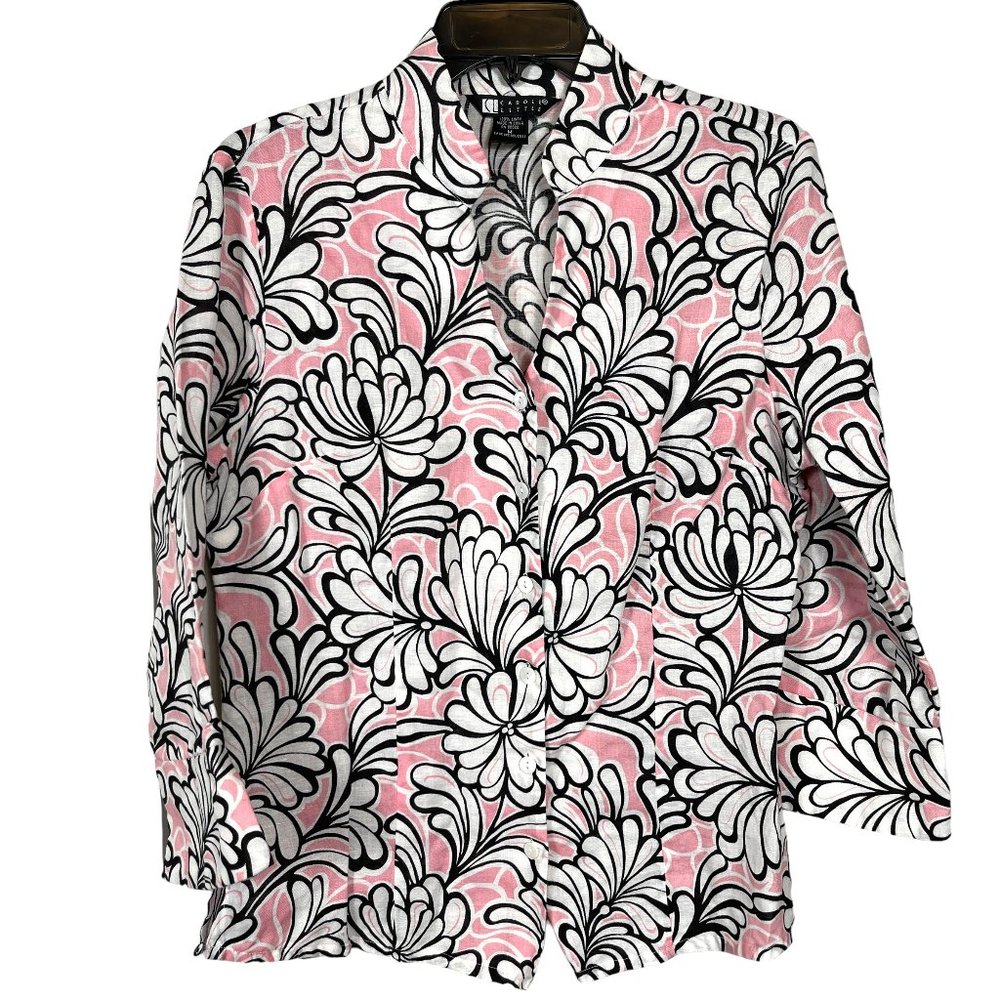 Carole Little Linen Top Button Up Shirt Medium Pink Floral 3/4 Sleeve Casual